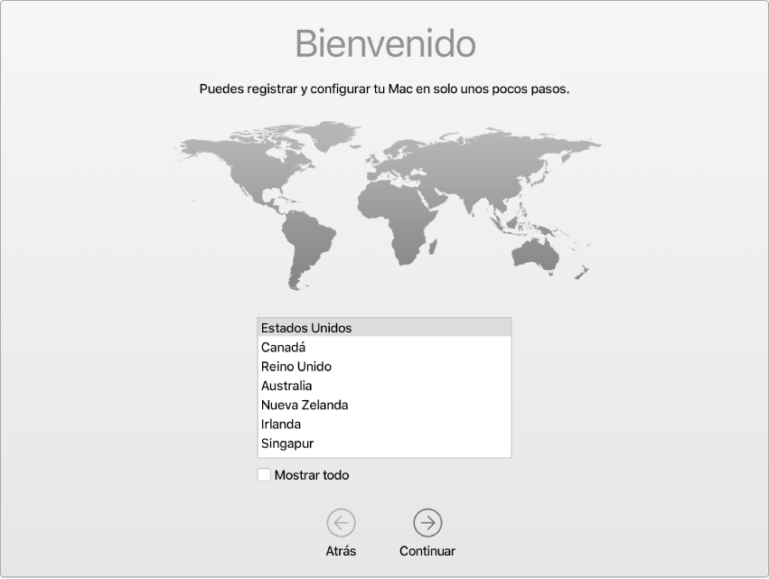 Pantalla del Mac con la pantalla de bienvenida del asistente de configuración.