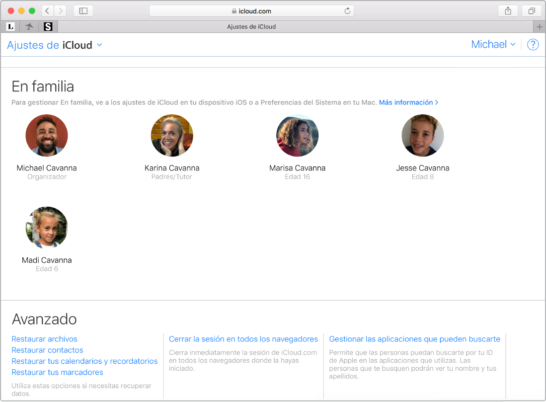 Ventana de Safari con los ajustes de “En familia” en iCloud.com.