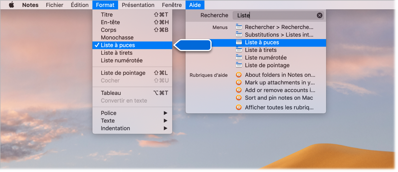Menu d’aide présentant une recherche dont les termes sont « liste » et la commande « Liste à puces » surlignée dans la liste des résultats et dans le menu Format.