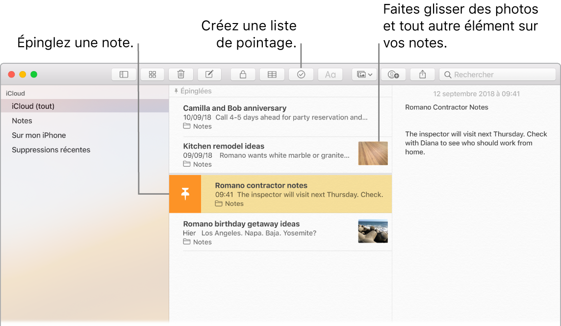 Fenêtre de Notes affichant le bouton de liste de pointage et indiquant comment faire glisser une photo dans une note.