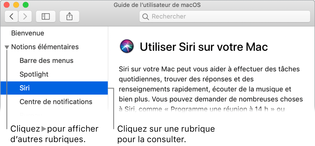 Visualisation Aide indiquant comment afficher les rubriques situées dans la barre latérale et comment afficher le contenu d’une rubrique.