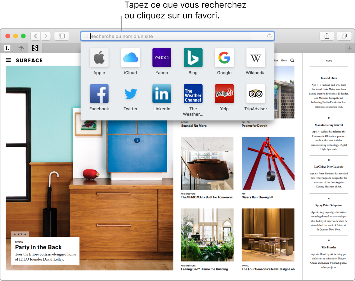 Fenêtre de Safari, où la présentation Favoris est affichée et le champ de recherche intelligente, sélectionné.
