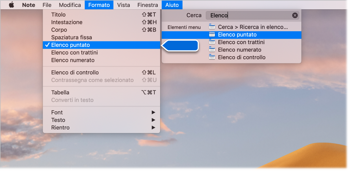 Menu Aiuto che mostra la ricerca di “elenco” con il comando “Elenco puntato” evidenziato nell'elenco dei risultati e nel menu Formato.