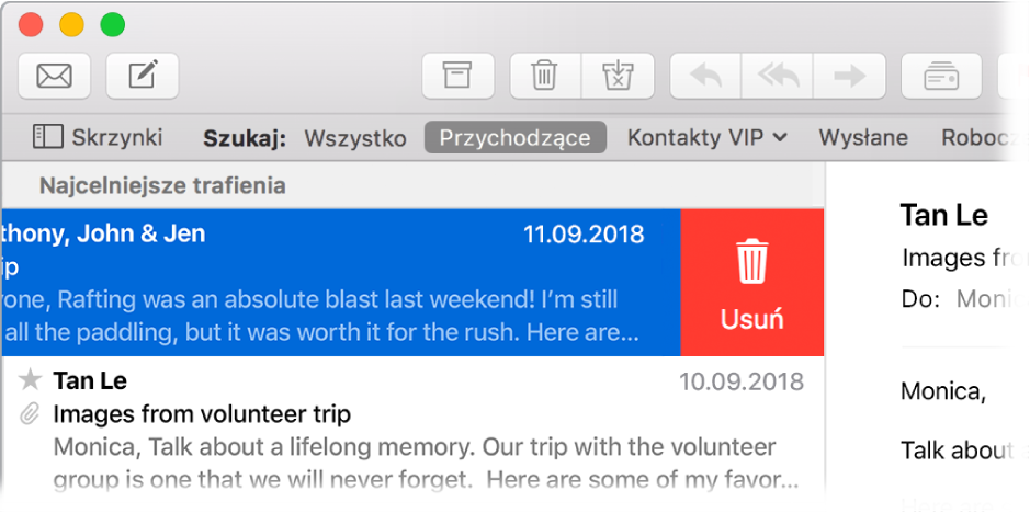 Okno aplikacji Mail z wiadomością gotową do usunięcia.