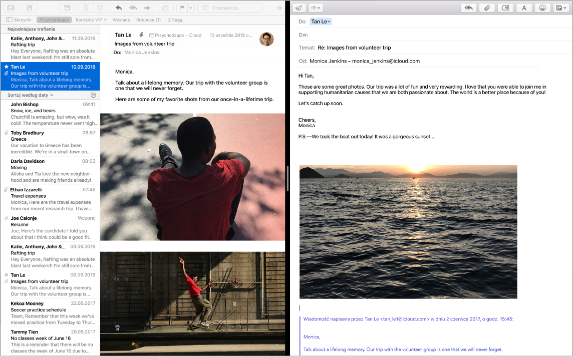 Okno Mail podzielone na części pokazujące dwie wiadomości obok siebie.