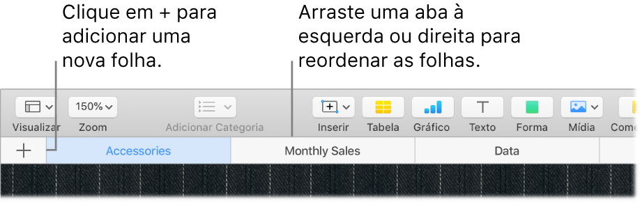 Janela do Numbers mostrando como adicionar uma nova folha e como reordenar as folhas.