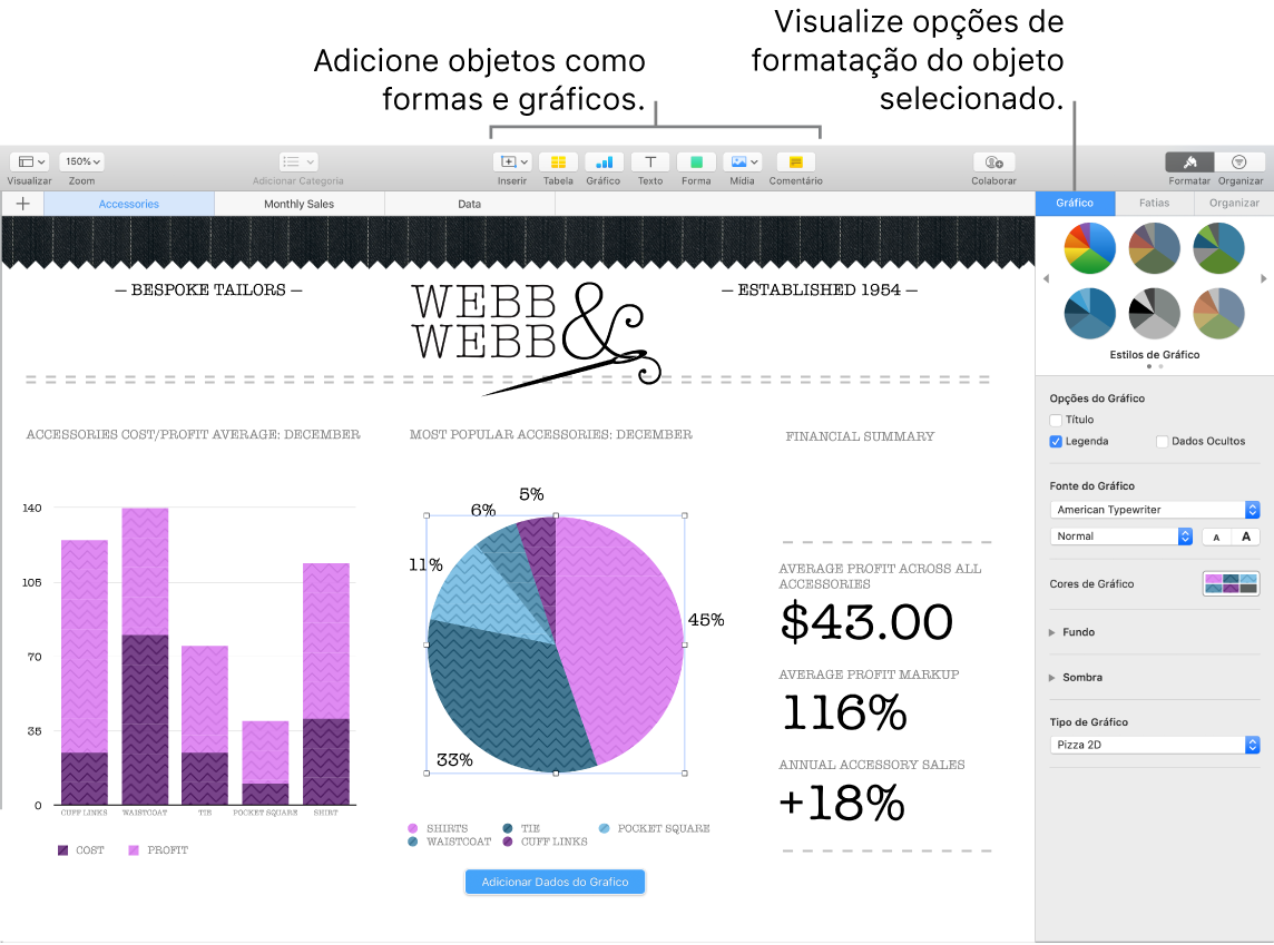 Janela do Numbers com chamadas para as categorias de objetos que podem ser adicionados e opções de formatação dos objetos.