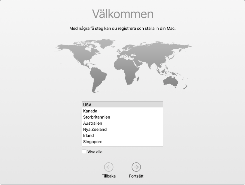 Mac-skärm med inställningsassistenten som visar välkomstskärmen.