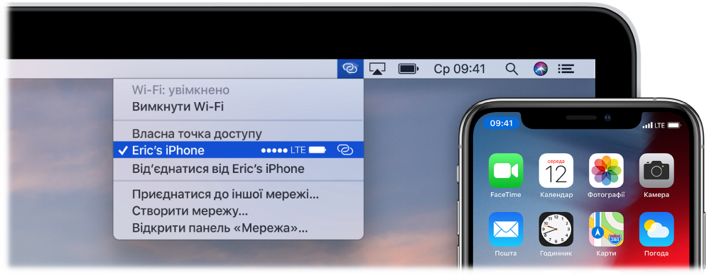 Екран Mac із меню Wi-Fi і персональною точкою доступу та під’єднаним iPhone.