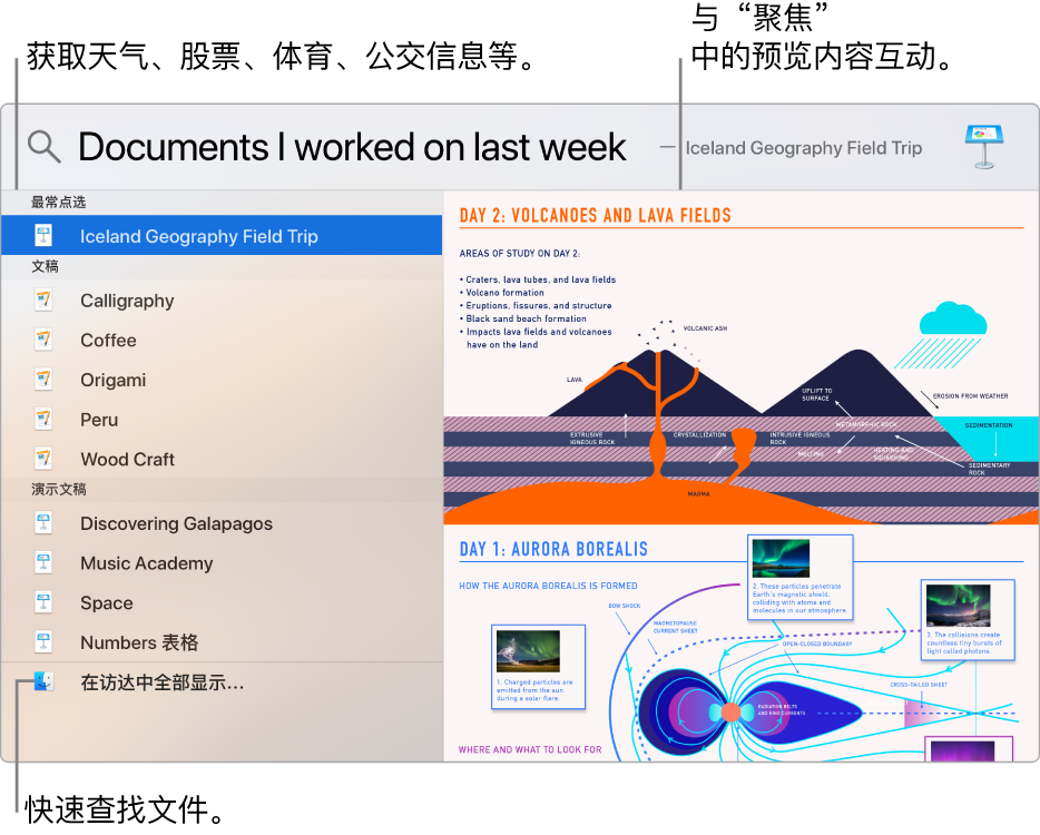 “聚焦”窗口，左右两侧分别显示搜索结果和预览。