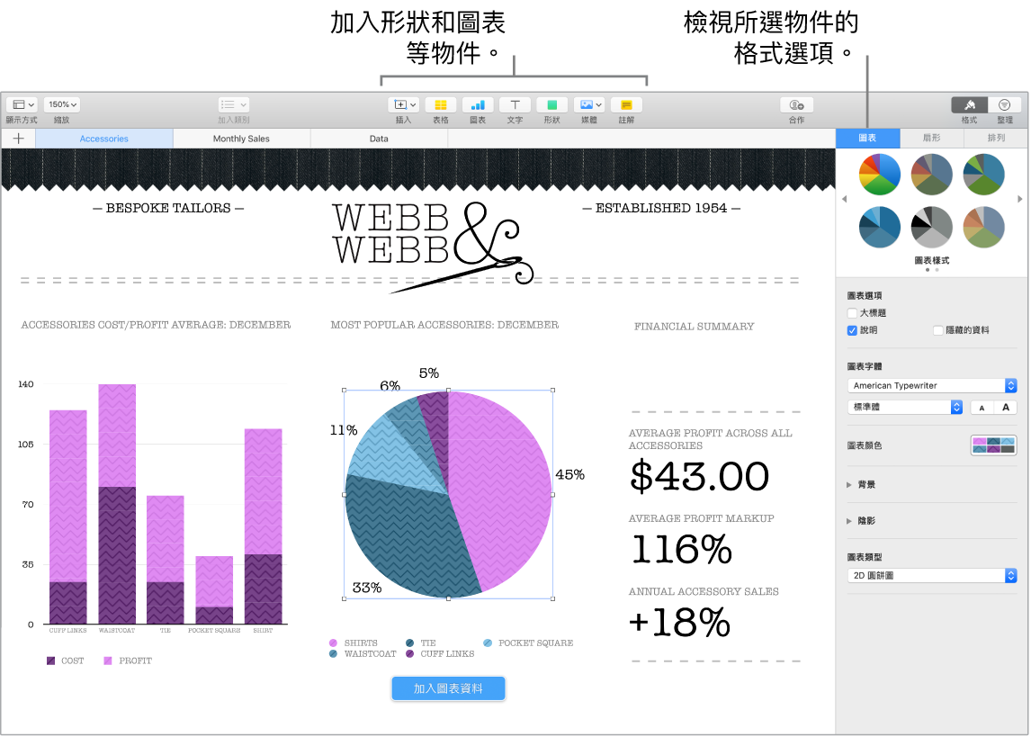 Numbers 視窗帶有說明文字指向可加入的物件類型，以及指向物件的格式選項。