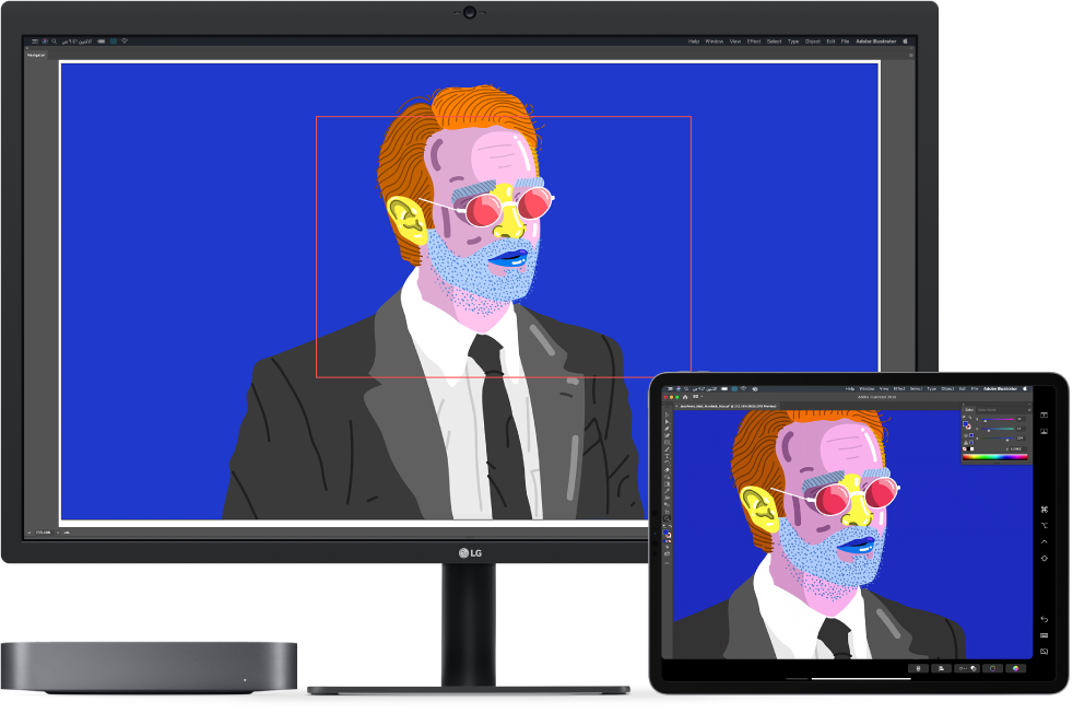 كمبيوتر Mac mini وجهاز iPad جنبًا إلى جنب. يعرض الـ Mac mini عملاً فنيًا داخل نافذة المتصفح في Illustrator. يعرض الـ iPad نفس العمل الفني في نافذة مستند في Illustrator، محاطًا بأشرطة أدوات.