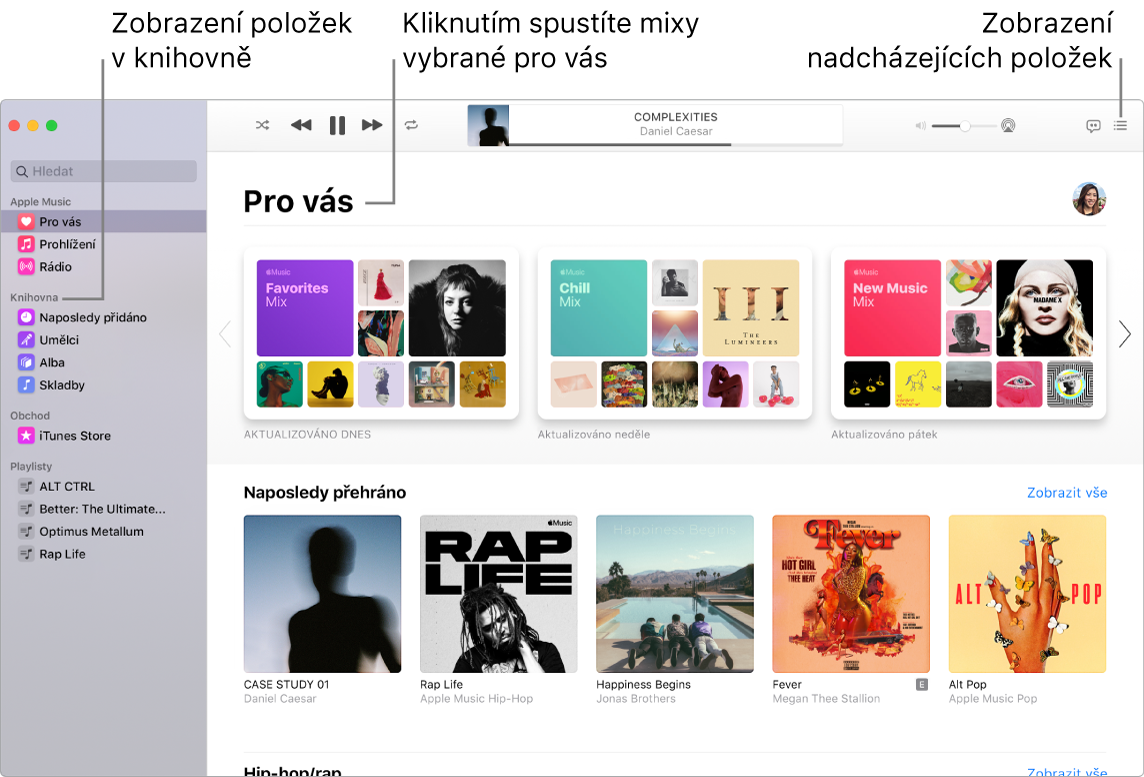 Okno aplikace Hudba s informacemi o tom, jak zobrazit knihovnu, jak poslouchat hudbu z Apple Music a jak se podívat, co bude hrát dál.