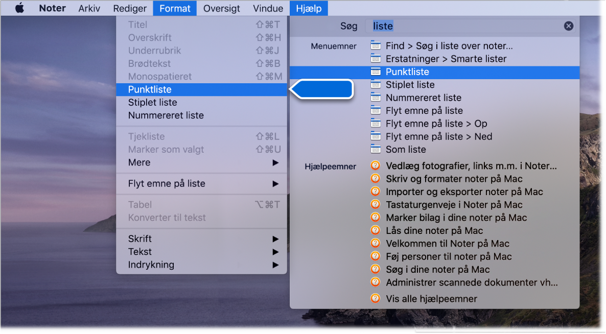Hjælpemenu, der viser en søgning efter “liste” med kommandoen Punktliste markeret på listen med resultater og på Formatmenuen.