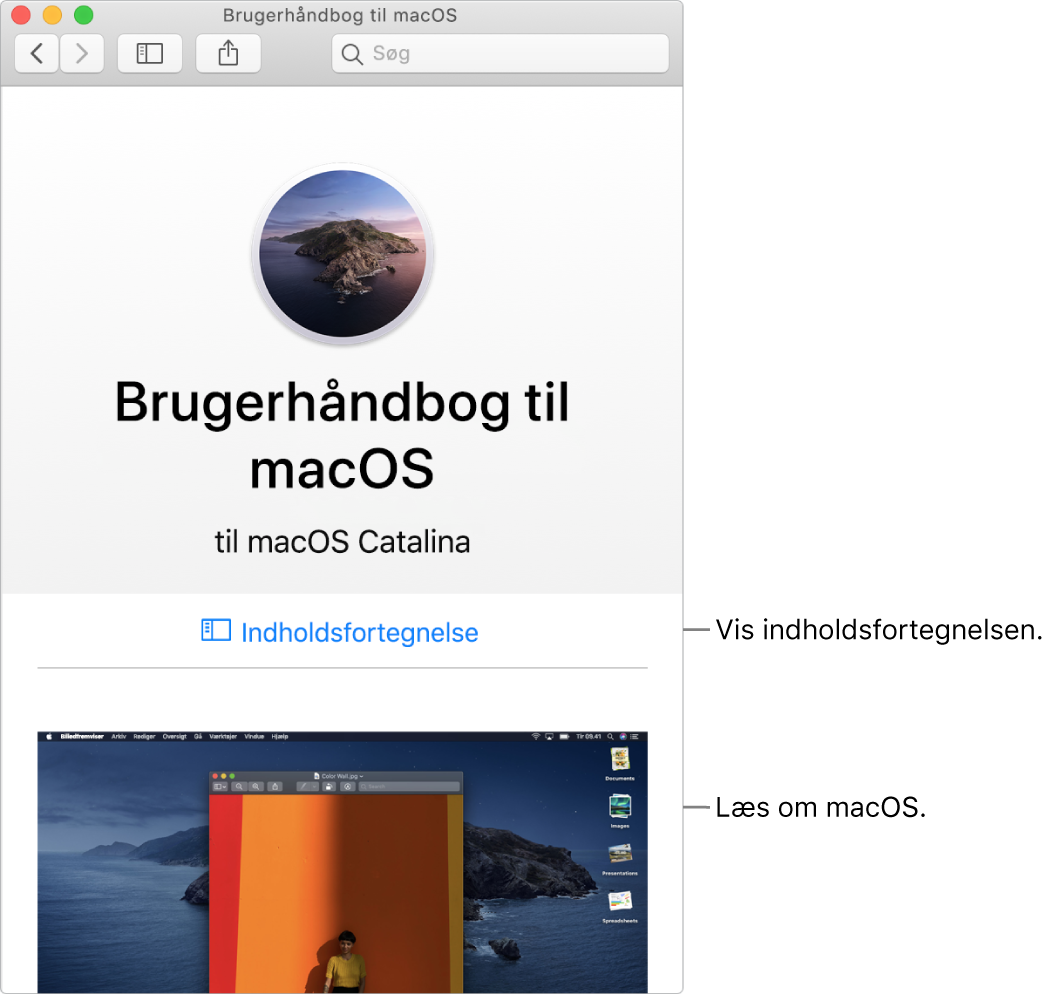 Velkomstsiden i Brugerhåndbog til macOS, der viser linket Indholdsfortegnelse.