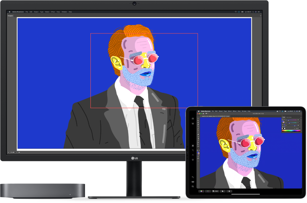 Una Mac Mini y un iPad lado a lado. La Mac mini muestra arte en la ventana del navegador de Illustrator. El iPad muestra el mismo arte en la ventada de documento de Illustrator rodeado de barras de herramientas.