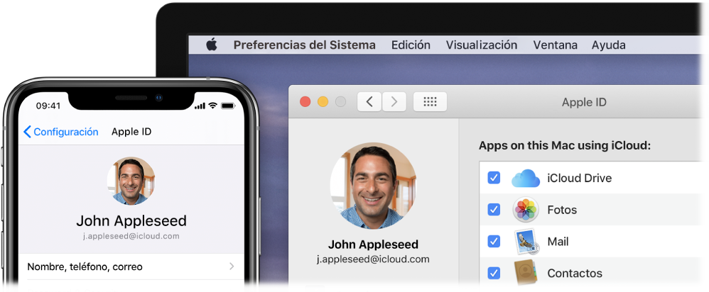 Un iPhone mostrando la configuración de iCloud y una Mac mostrando la ventana de iCloud.