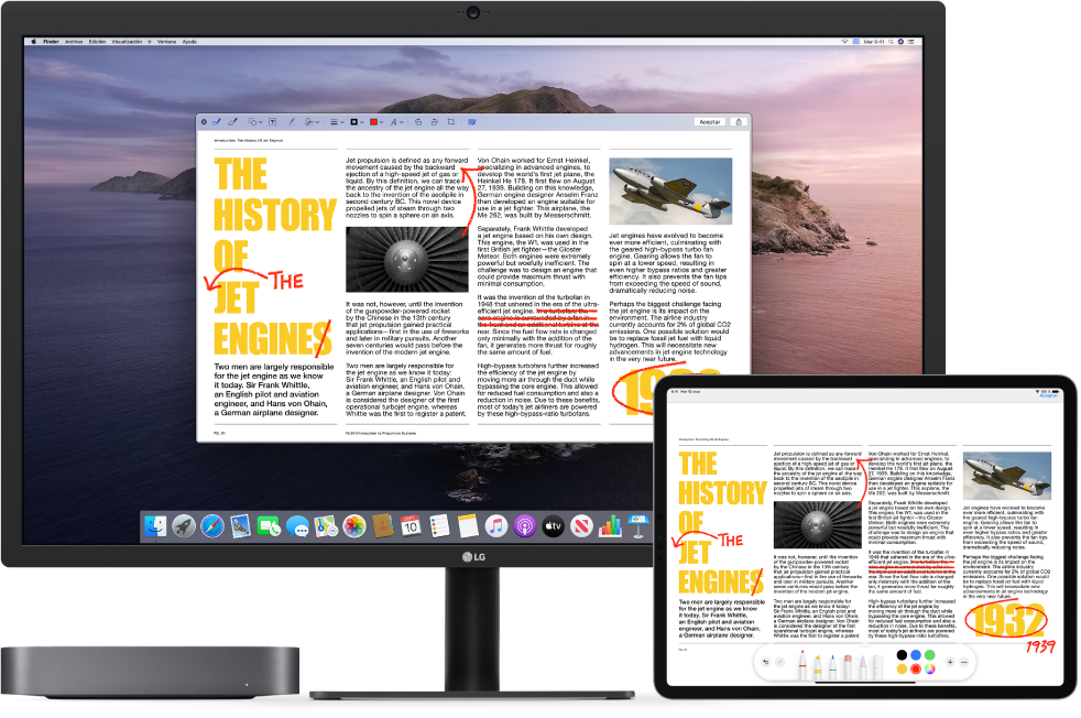 Un Mac mini al lado de un iPad. Ambas pantallas muestran un artículo lleno de anotaciones a mano de color rojo, como frases tachadas, flechas y palabras añadidas. El iPad también tiene controles para editar marcas en la parte inferior de la pantalla.