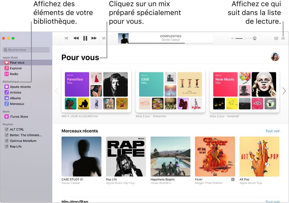 La fenêtre de l’app Musique indiquant comment afficher votre bibliothèque, écouter Apple Music et voir le prochain morceau.