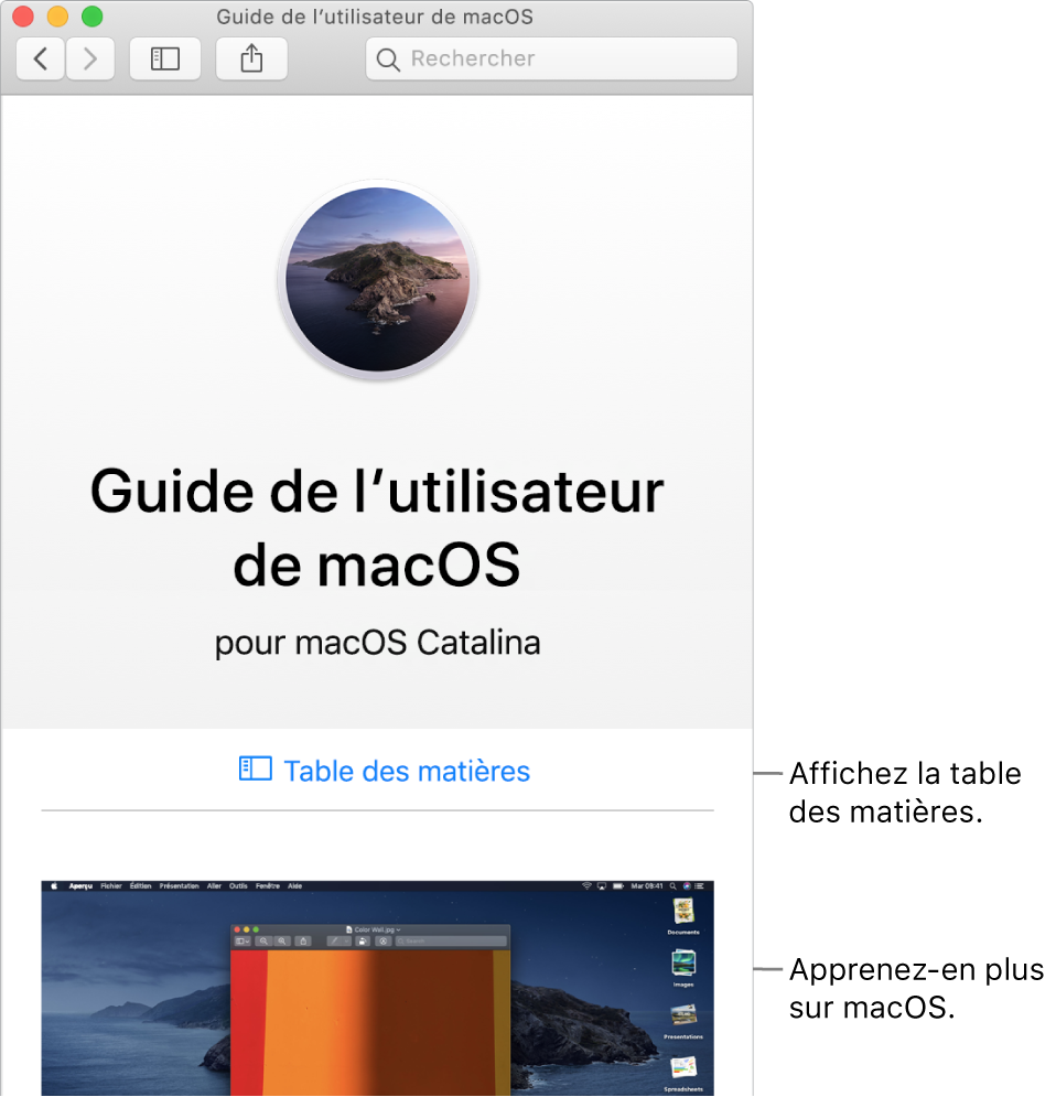 La page d’accueil du Guide de l’utilisateur de macOS présentant le lien Table des matières.