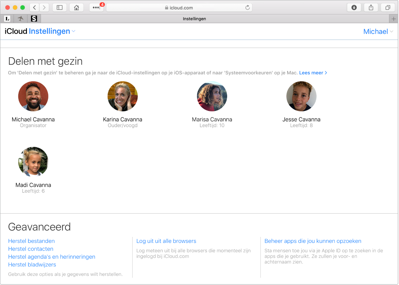 Een Safari-venster met instellingen voor Delen met gezin op iCloud.com.