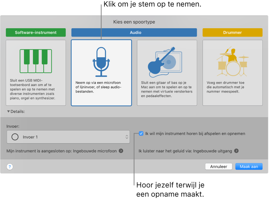 Het paneel met instrumenten van GarageBand waarin je ziet waar je moet klikken om een stem op te nemen en hoe je jezelf kunt horen wanneer je een opname maakt.