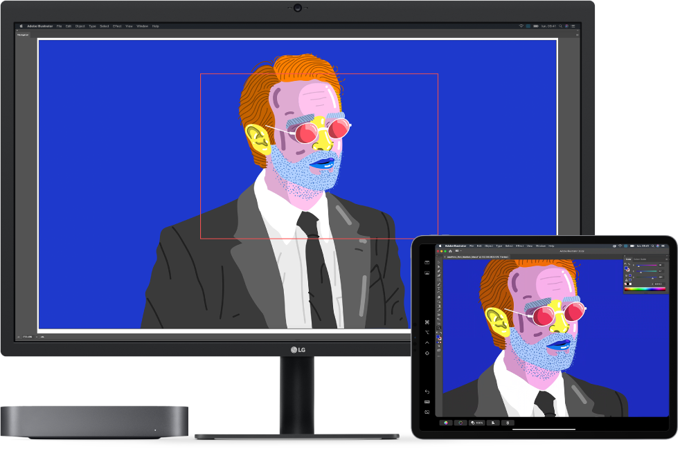 Un Mac mini și un iPad sunt alăturate. Mac mini-ul afișează ilustrația în fereastra de navigație din Illustrator. iPad-ul afișează aceeași ilustrație în fereastra documentului din Illustrator, înconjurată de bare de instrumente.