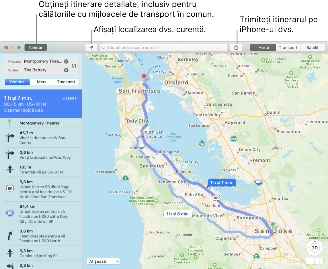 O fereastră Hărți afișând modul în care puteți să obțineți un itinerar prin clic pe butonul Itinerar din stânga sus și modul în care puteți să trimiteți itinerarul pe iPhone utilizând butonul de partajare.
