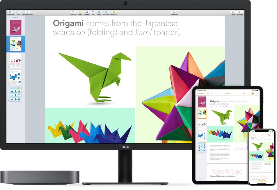 Conținut identic afișat pe un Mac mini, iPad și pe un iPhone.