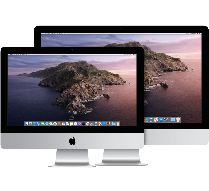 Two iMac displays, one in front of the other.