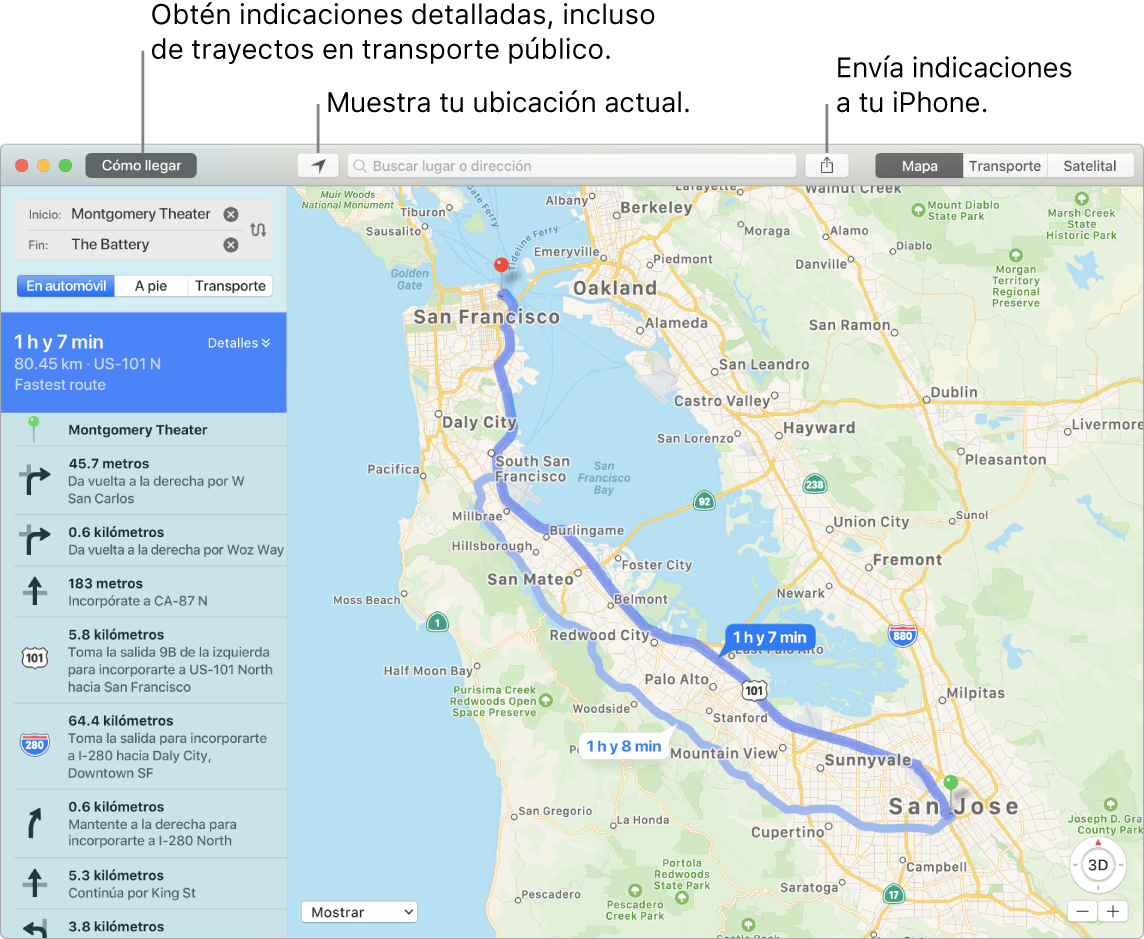 Ventana de Mapas mostrando cómo obtener indicaciones haciendo clic en Indicaciones en la parte superior izquierda; y cómo enviar indicaciones a un iPhone usando el botón Compartir.