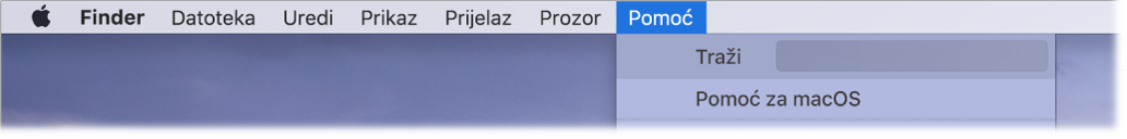 Dio radne površine s otvorenim izbornikom Pomoć, prikazuje opcije izbornika Pretraži i Pomoć za macOS.
