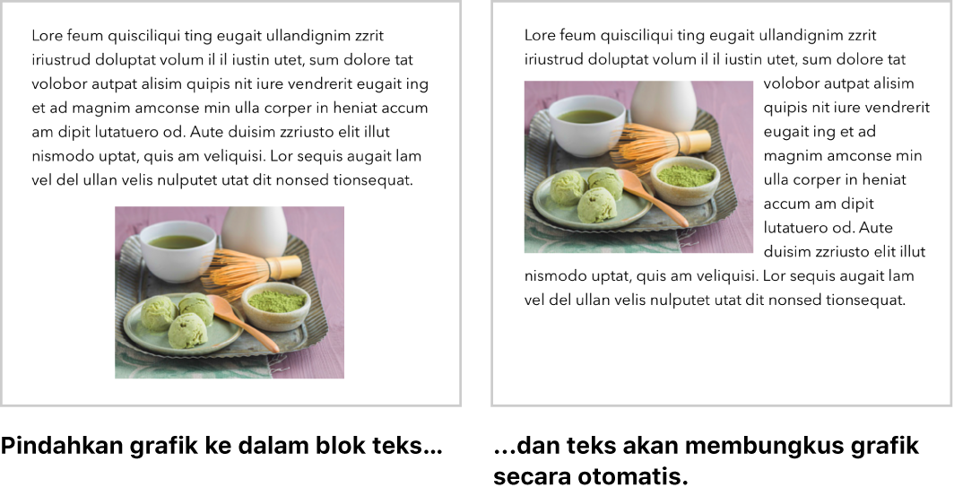 Jendela Pages menampilkan cara teks dibungkus di sekitar grafik.