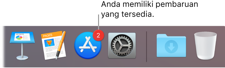 Bagian di Dock menampilkan ikon App Store dengan lencana, menunjukkan bahwa pembaruan tersedia.