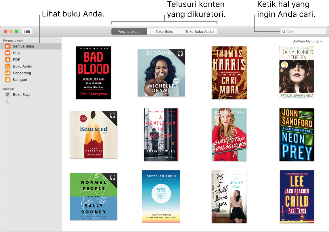 App Buku menampilkan cara melihat buku, menjelajahi konten yang dikuratori, dan pencarian.