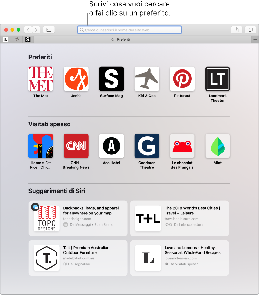 Una finestra di Safari con la vista Preferiti e il campo di ricerca smart evidenziato.