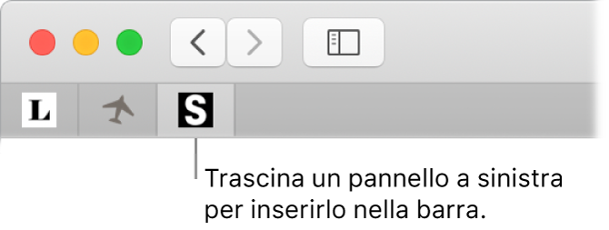 Una finestra di Safari che illustra come aggiungere un pannello nella barra dei pannelli.