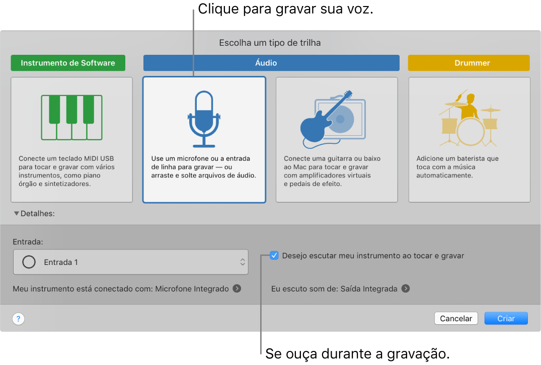 Painel de instrumentos do GarageBand mostrando onde clicar para gravar voz e como se ouvir ao gravar.