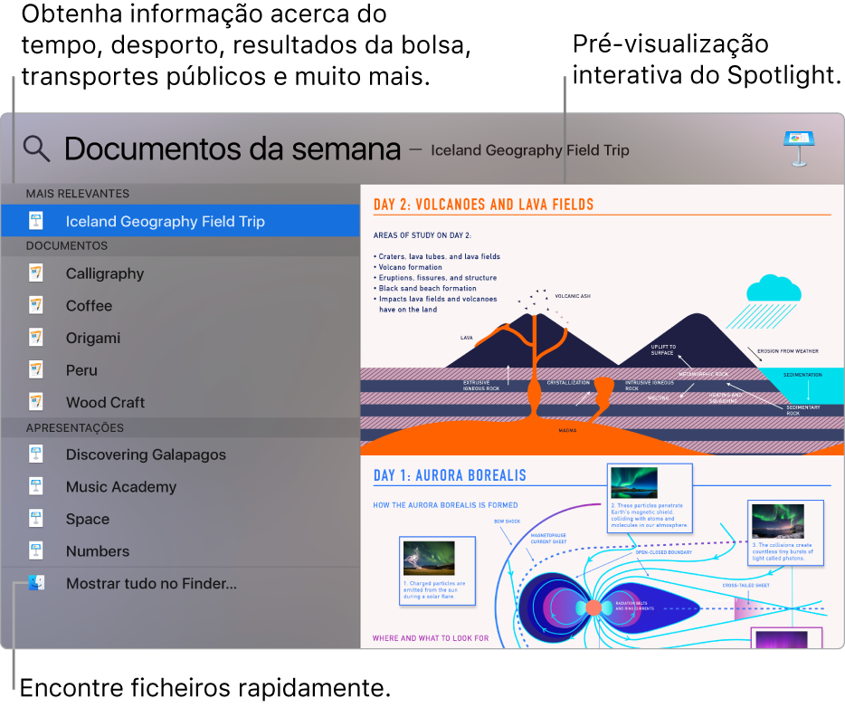 Janela do Spotlight a mostrar resultados de pesquisa à esquerda e uma pré-visualização à direita.