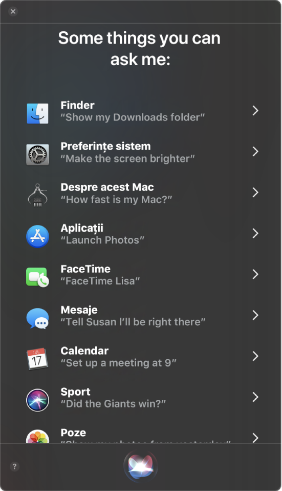 Fereastră Siri cu antetul “Some things you can ask me” și exemple de solicitări Siri, cum ar fi “Did the Giants win?”
