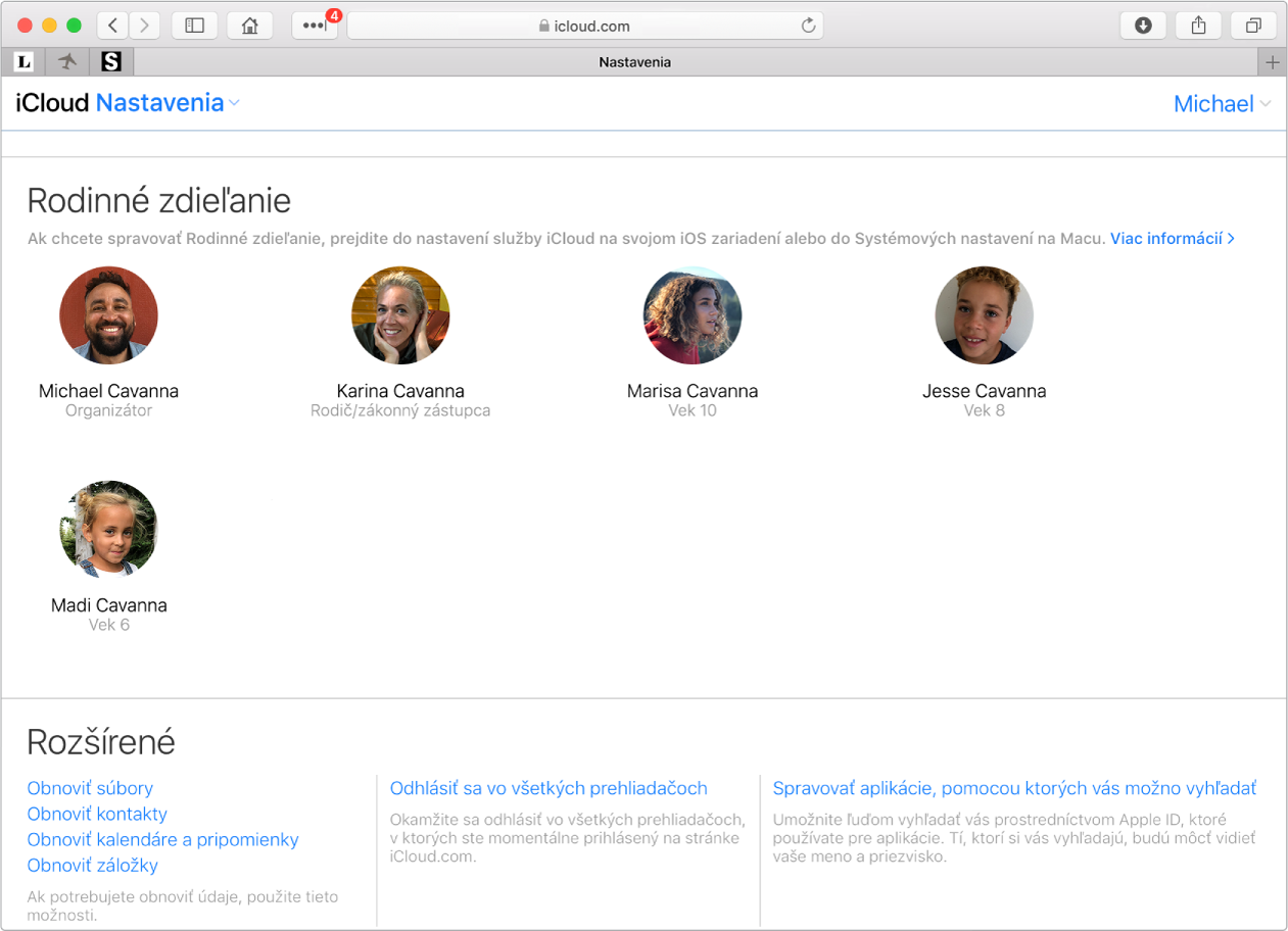 Okno Safari zobrazujúce nastavenia Rodinného zdieľania na stránke iCloud.com.