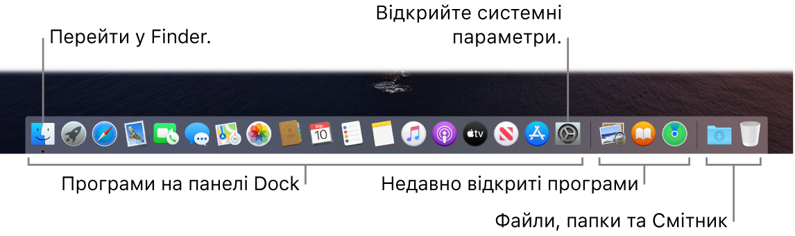 Панель Dock, Finder і Системні параметри та риска, що відокремлює програми від папок і файлів на панелі Dock.