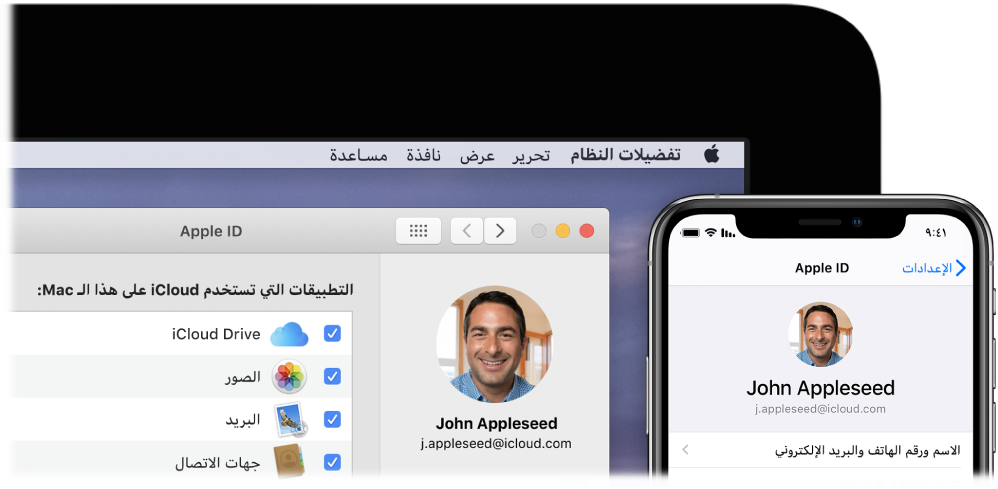 جهاز iPhone يعرض إعدادات iCloud وشاشة Mac تعرض نافذة iCloud.