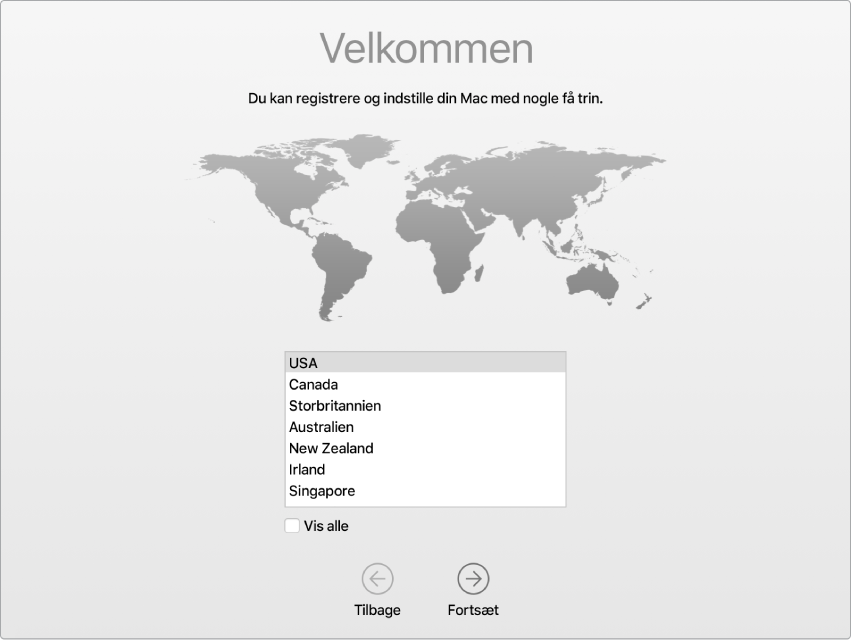 En skærm på Mac med velkomstsiden i Indstillingsassistent.