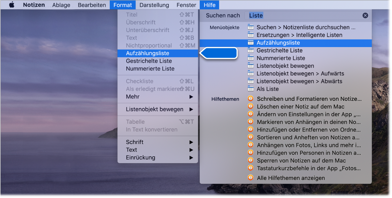 Das Menü „Hilfe“ mit einer Suche nach „Liste“. Der Befehl „Aufzählungsliste“ ist in der Ergebnisliste im Menü „Format“ hervorgehoben