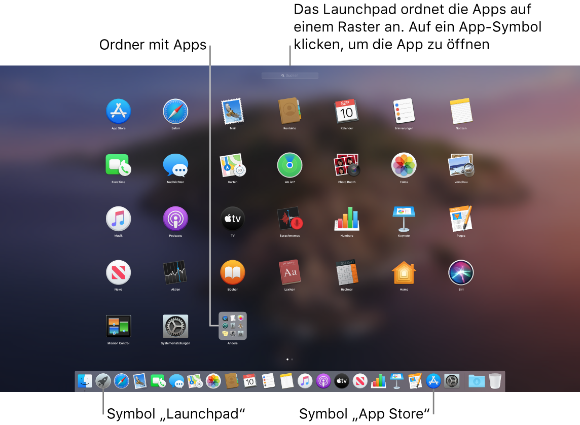 Ein Mac-Bildschirm mit geöffnetem Launchpad, mit einem Ordner mit Apps im Launchpad und dem Launchpad-Symbol und App Store-Symbol im Dock