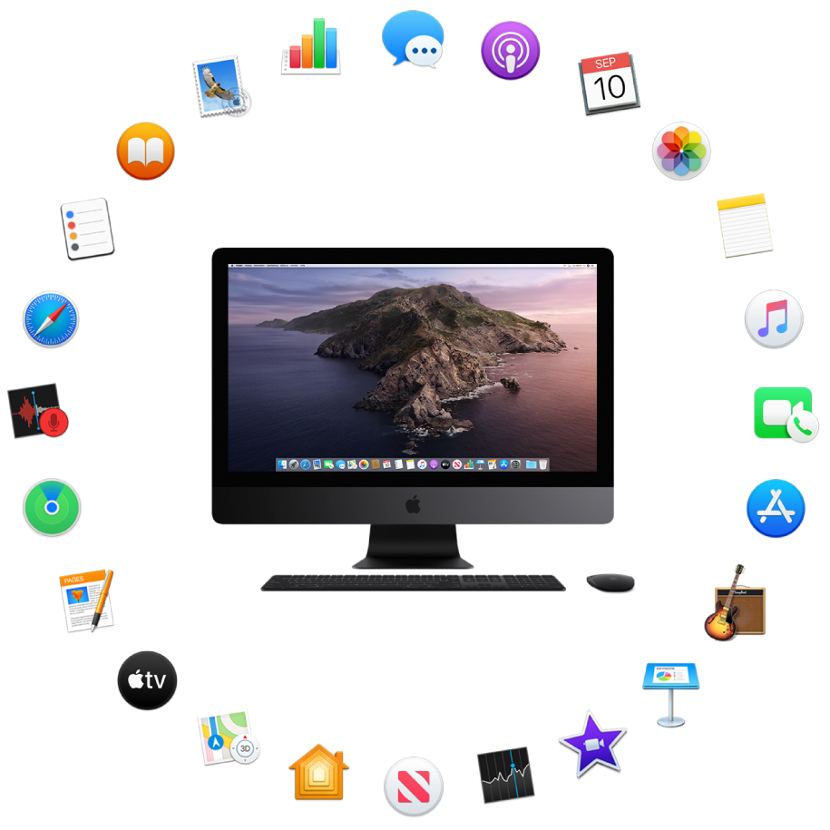 Ein iMac Pro, der von den Symbolen für die integrierten Apps umgeben ist, die in den folgenden Abschnitten beschrieben werden.