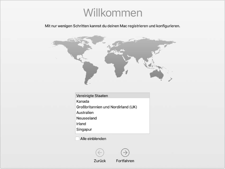 Ein Mac-Bildschirm mit geöffnetem Willkommensbildschirm des Systemassistenten