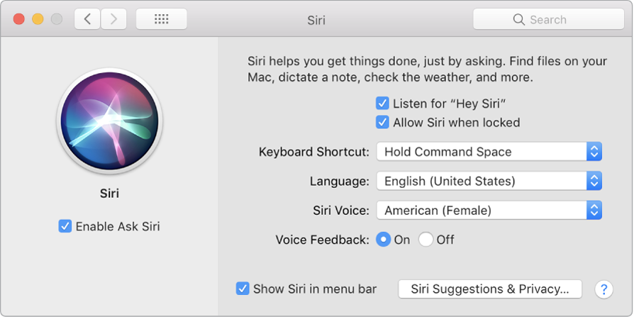 The Siri preferences window with Enable Ask Siri selected on the left and several options for customizing Siri on the right, including “Listen for ‘Hey Siri’.”