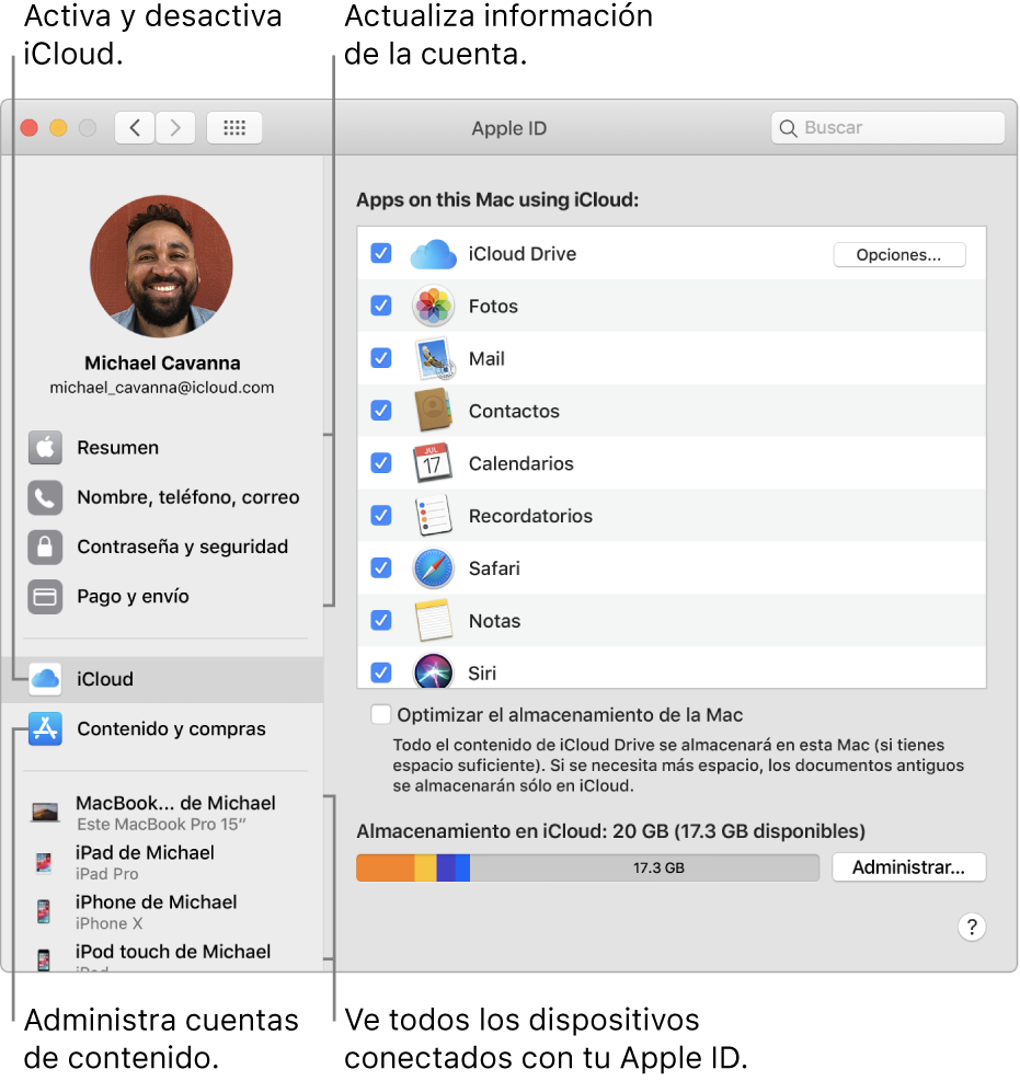 El panel Apple ID de Preferencias del Sistema. Haz clic en un elemento en la barra lateral para actualizar la información de tu cuenta, activar o desactivar iCloud, administrar cuentas de contenido y ver todos los dispositivos en los que has iniciado sesión con tu Apple ID.